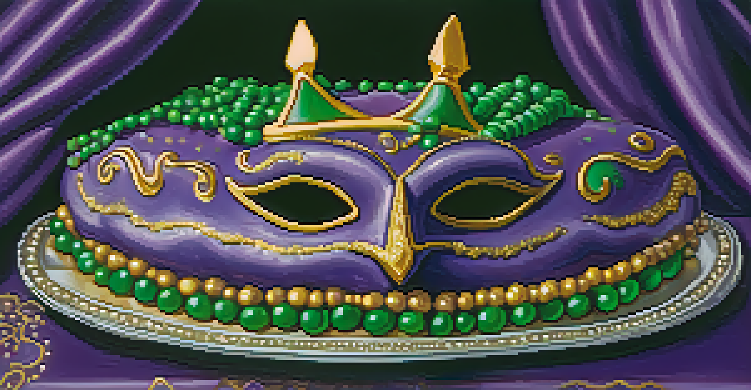 A close-up of a colorful king cake decorated for Mardi Gras, surrounded by festive beads and masks.
