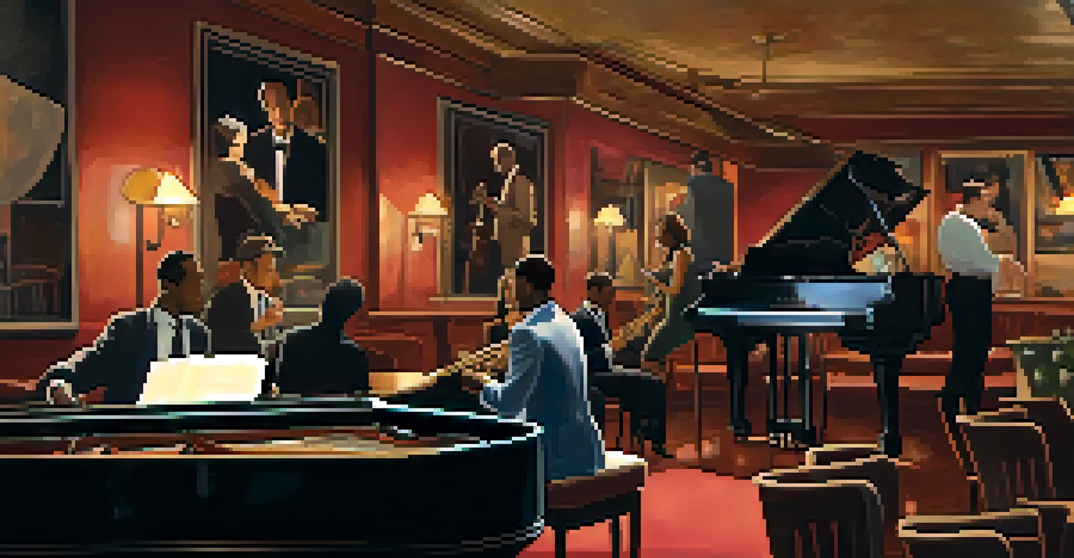 A cozy jazz club with a pianist playing a grand piano, softly lit with patrons enjoying the music.