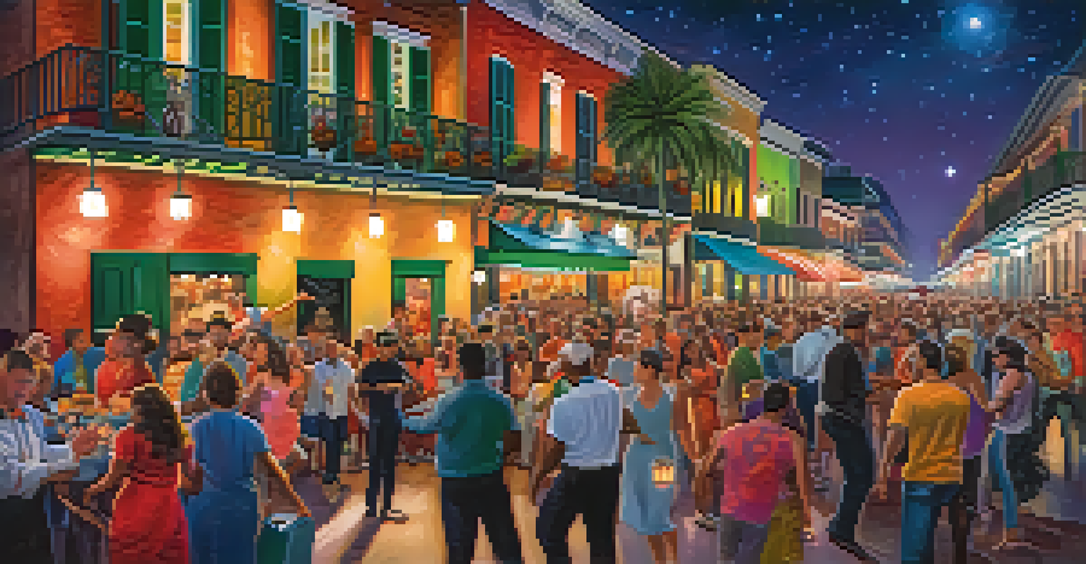 A festive scene in the French Quarter with people dancing, colorful decorations, and street performers at night.