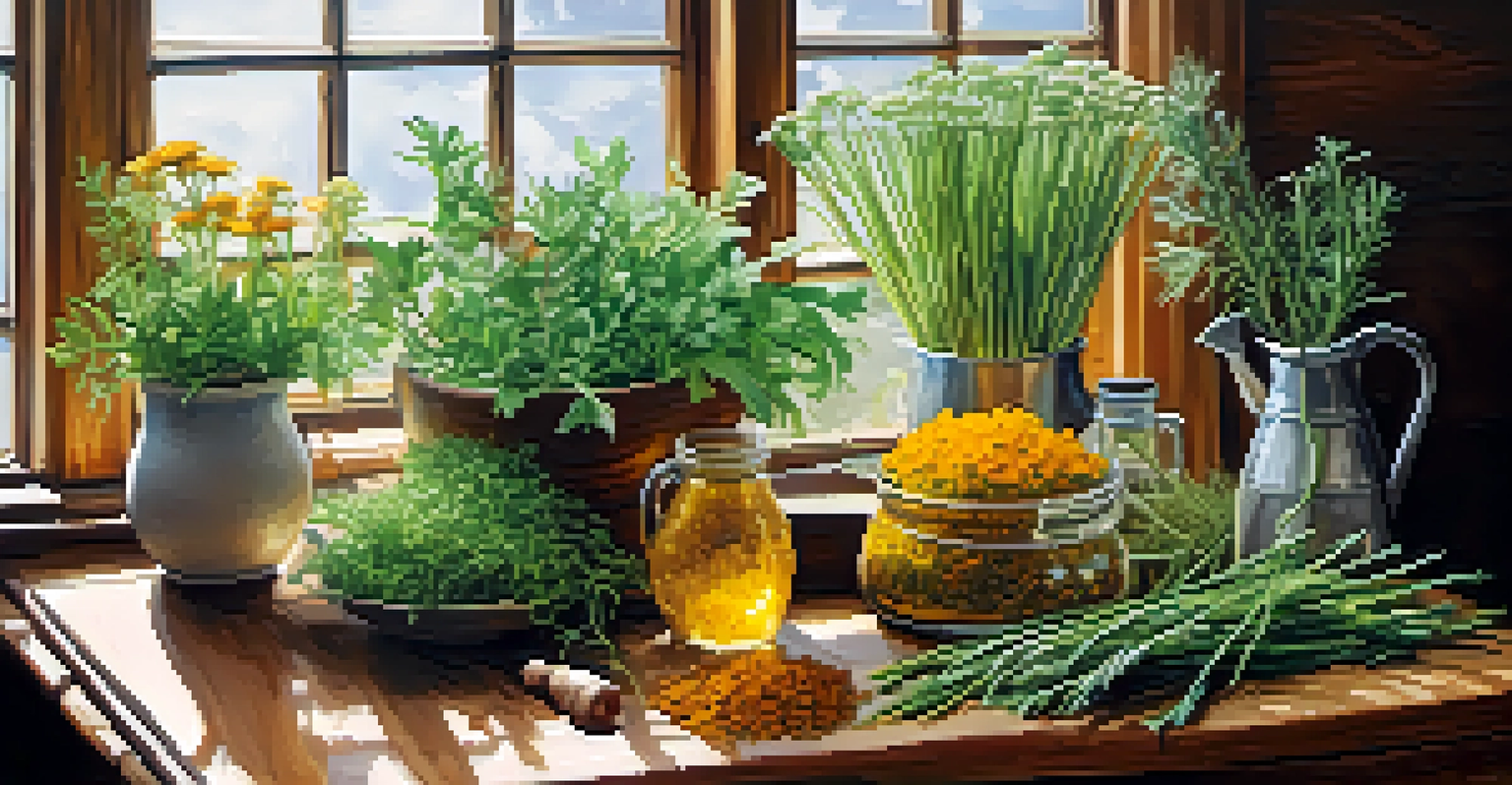 A beautiful arrangement of various herbs used in Voodoo, showcasing their vibrant colors and textures on a wooden table.