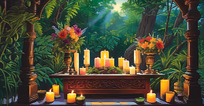 A peaceful Voodoo altar decorated with colorful flowers and candles, surrounded by green foliage and soft sunlight.