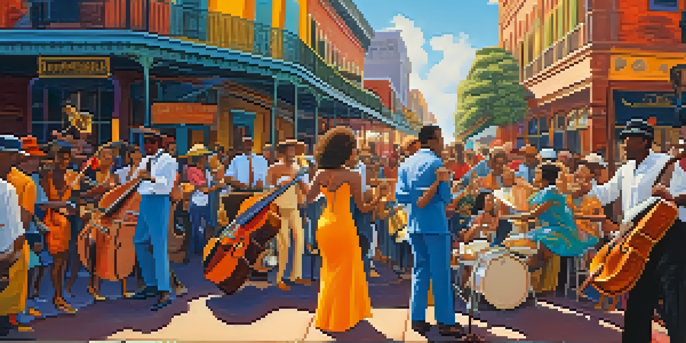A lively street scene in New Orleans with street musicians, colorful murals, and festival-goers dancing under the sun.