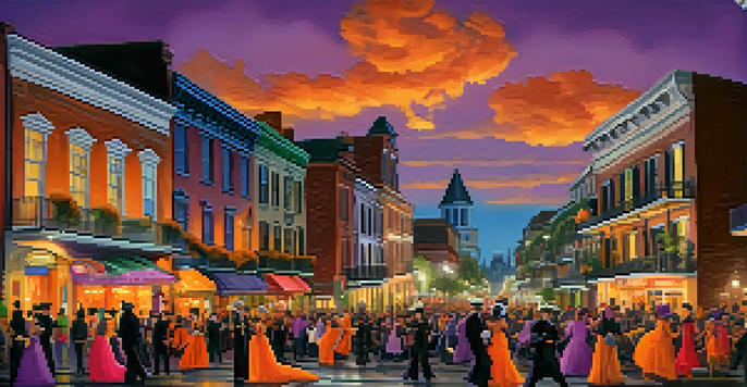 A vibrant Halloween parade in New Orleans with colorful floats and costumed participants dancing under warm streetlights.