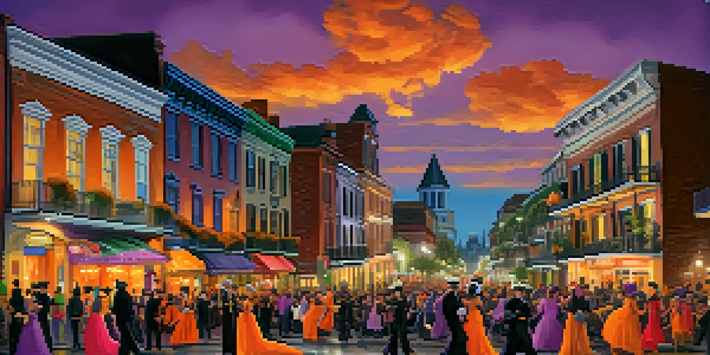 A vibrant Halloween parade in New Orleans with colorful floats and costumed participants dancing under warm streetlights.