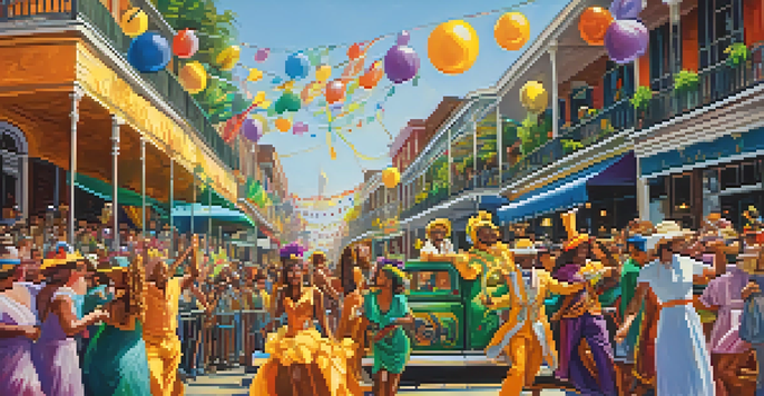 A lively Mardi Gras parade with colorful floats and dancers in costumes, people cheering and catching beads, set in a festive street atmosphere.