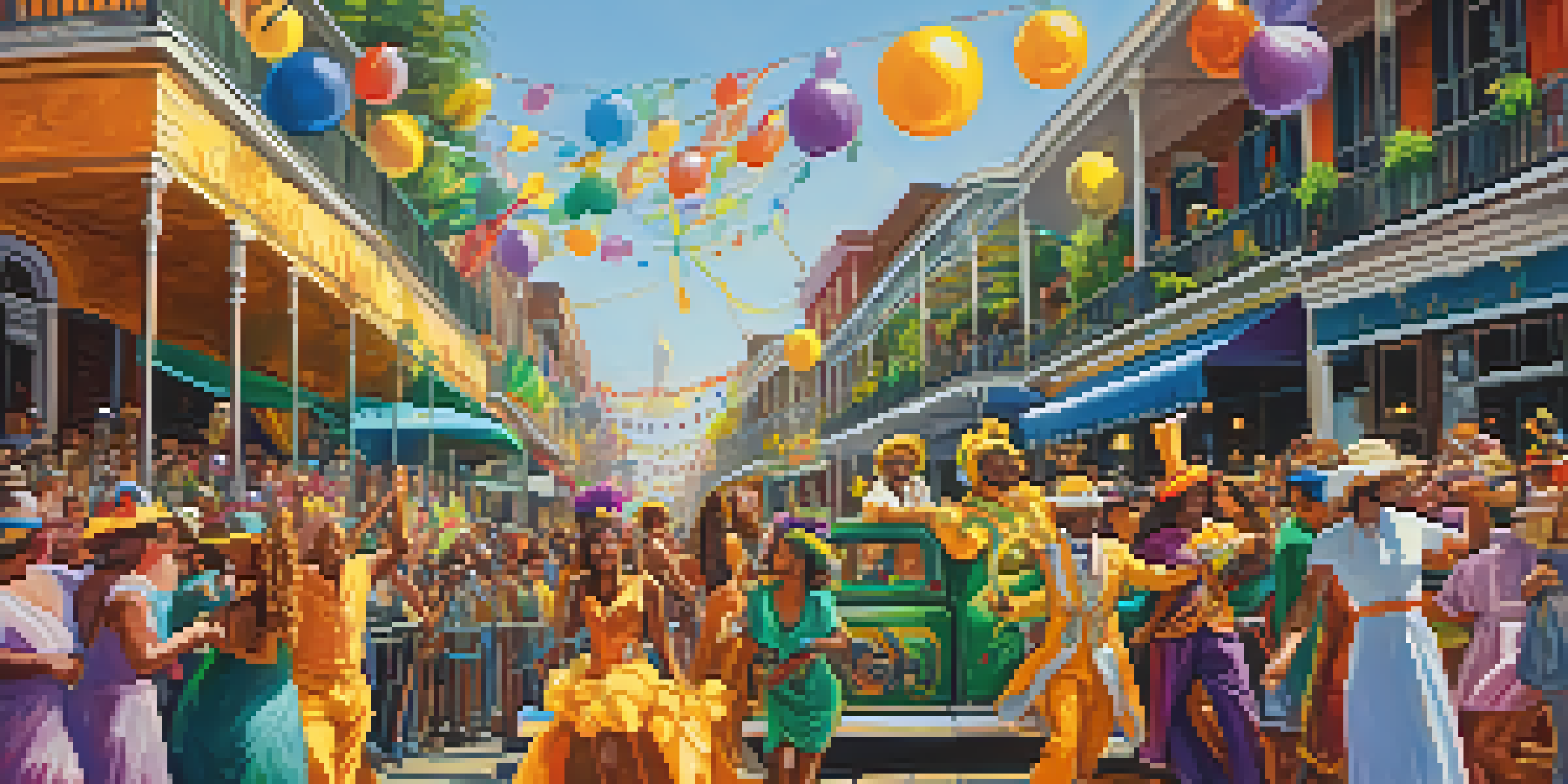 A lively Mardi Gras parade with colorful floats and dancers in costumes, people cheering and catching beads, set in a festive street atmosphere.