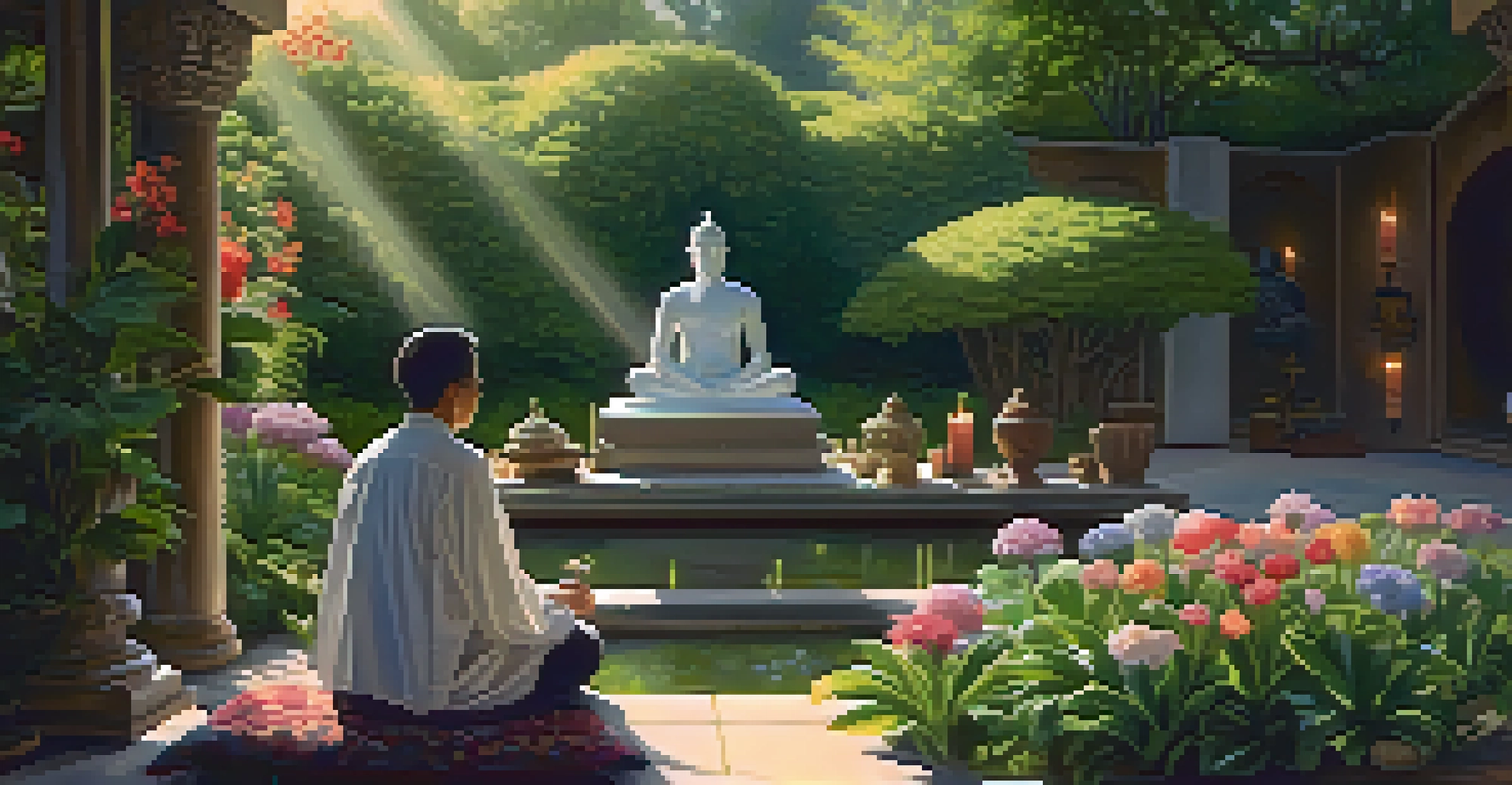 A practitioner reflecting at a personal altar in a tranquil garden filled with greenery.