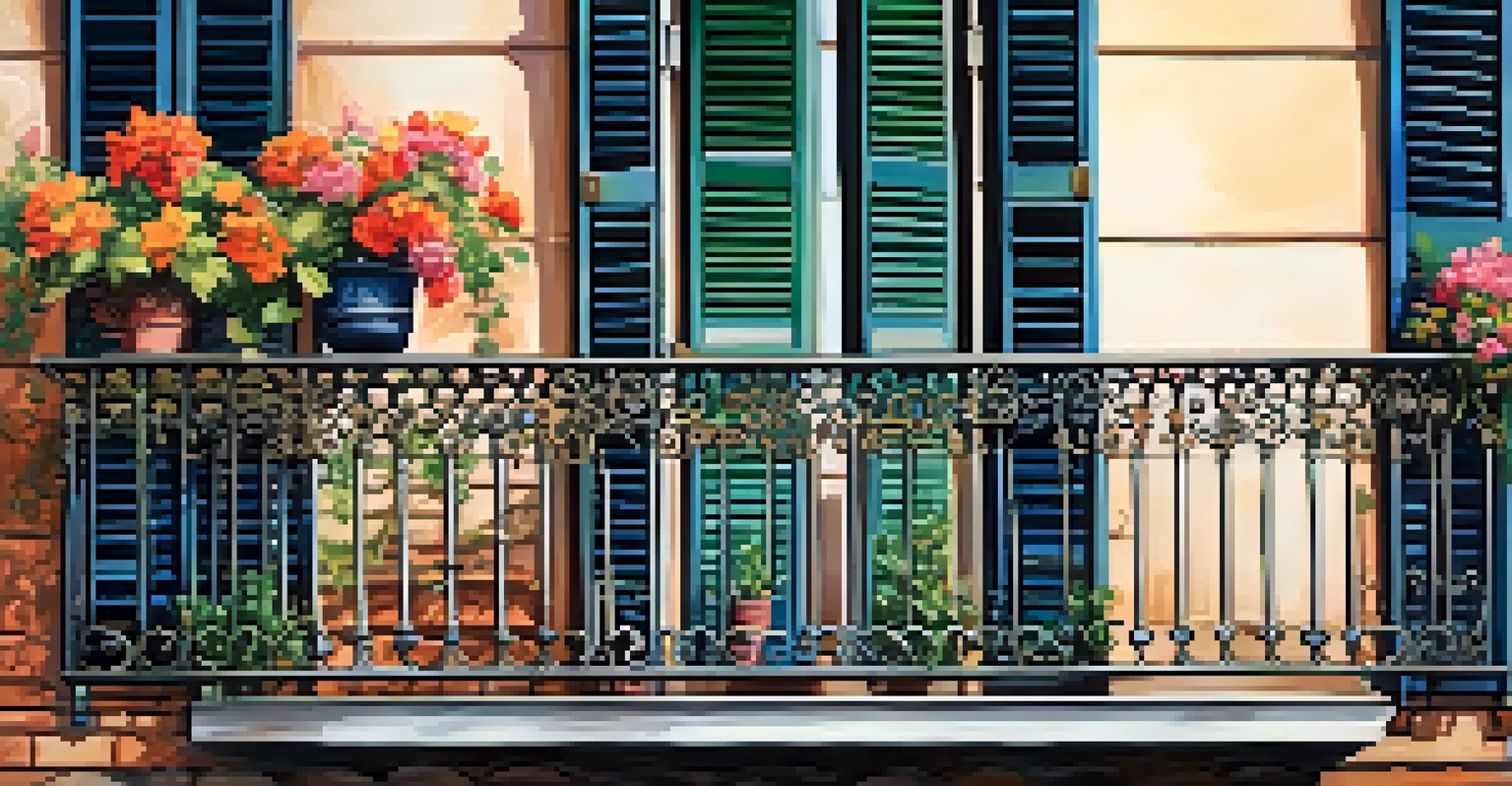 A close-up of a traditional French balcony in New Orleans, showcasing ornate iron railings and colorful flowers, with detailed textures of the building.