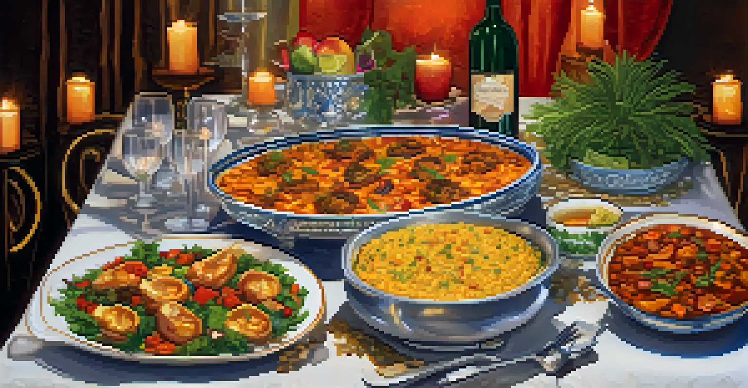 A beautifully arranged dining table with a fusion of Spanish and Creole dishes showcasing the culinary diversity of New Orleans.