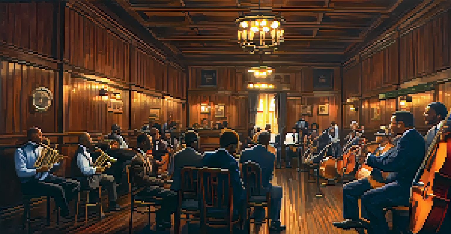 An intimate performance at Preservation Hall with musicians playing jazz instruments and a captivated audience in a rustic setting.