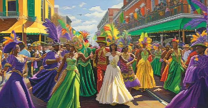 A colorful Mardi Gras celebration with revelers in elaborate costumes, surrounded by festive decorations and warm lighting.