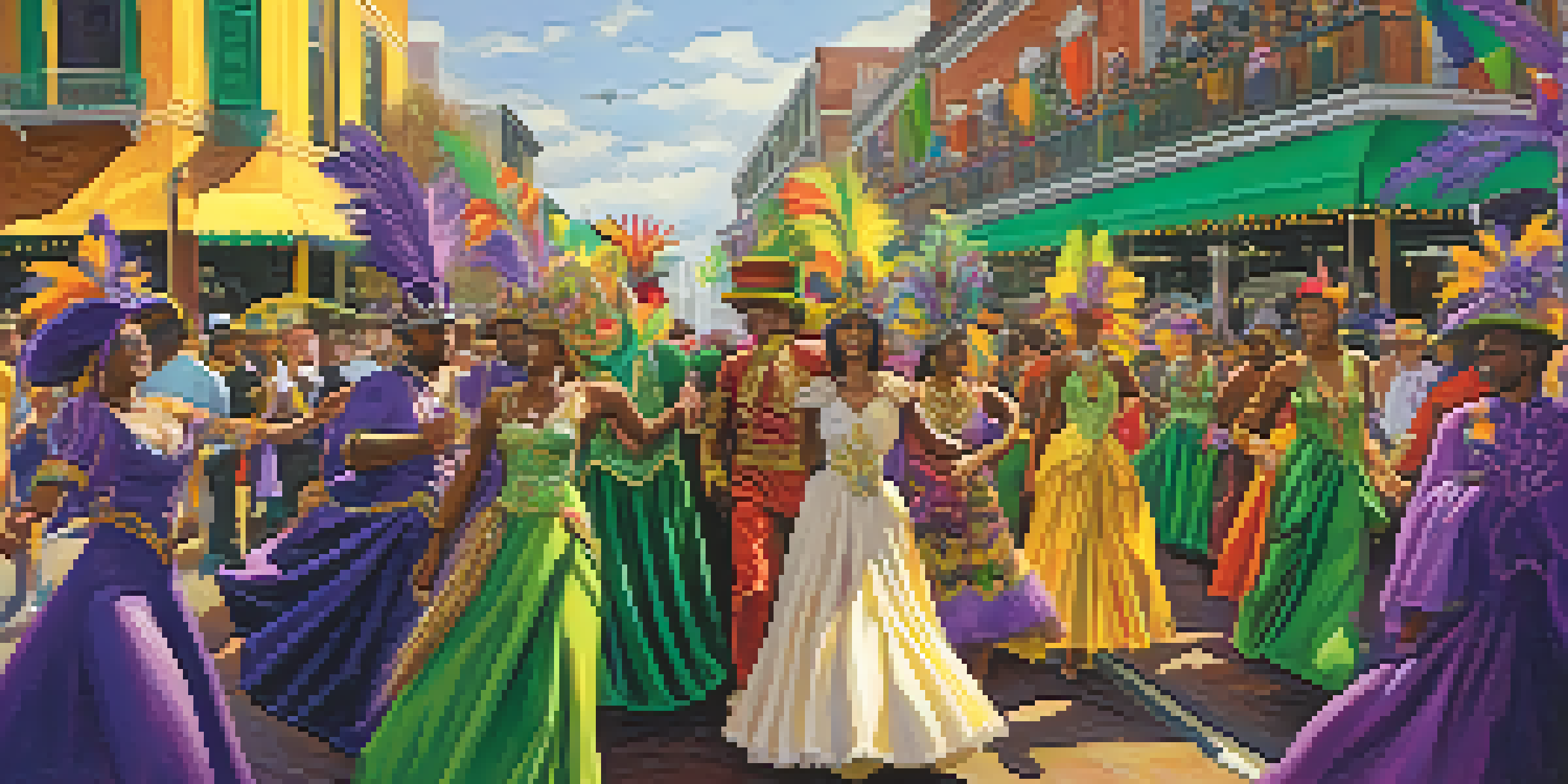A colorful Mardi Gras celebration with revelers in elaborate costumes, surrounded by festive decorations and warm lighting.