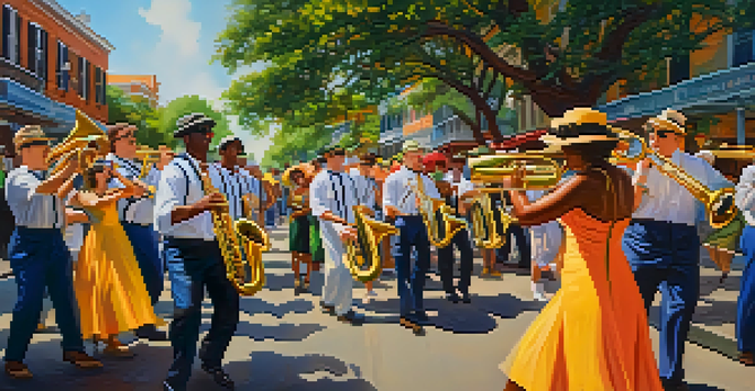 A vibrant street scene in New Orleans featuring musicians playing brass instruments and a diverse crowd dancing during a jazz festival, with a warm sunset glow.