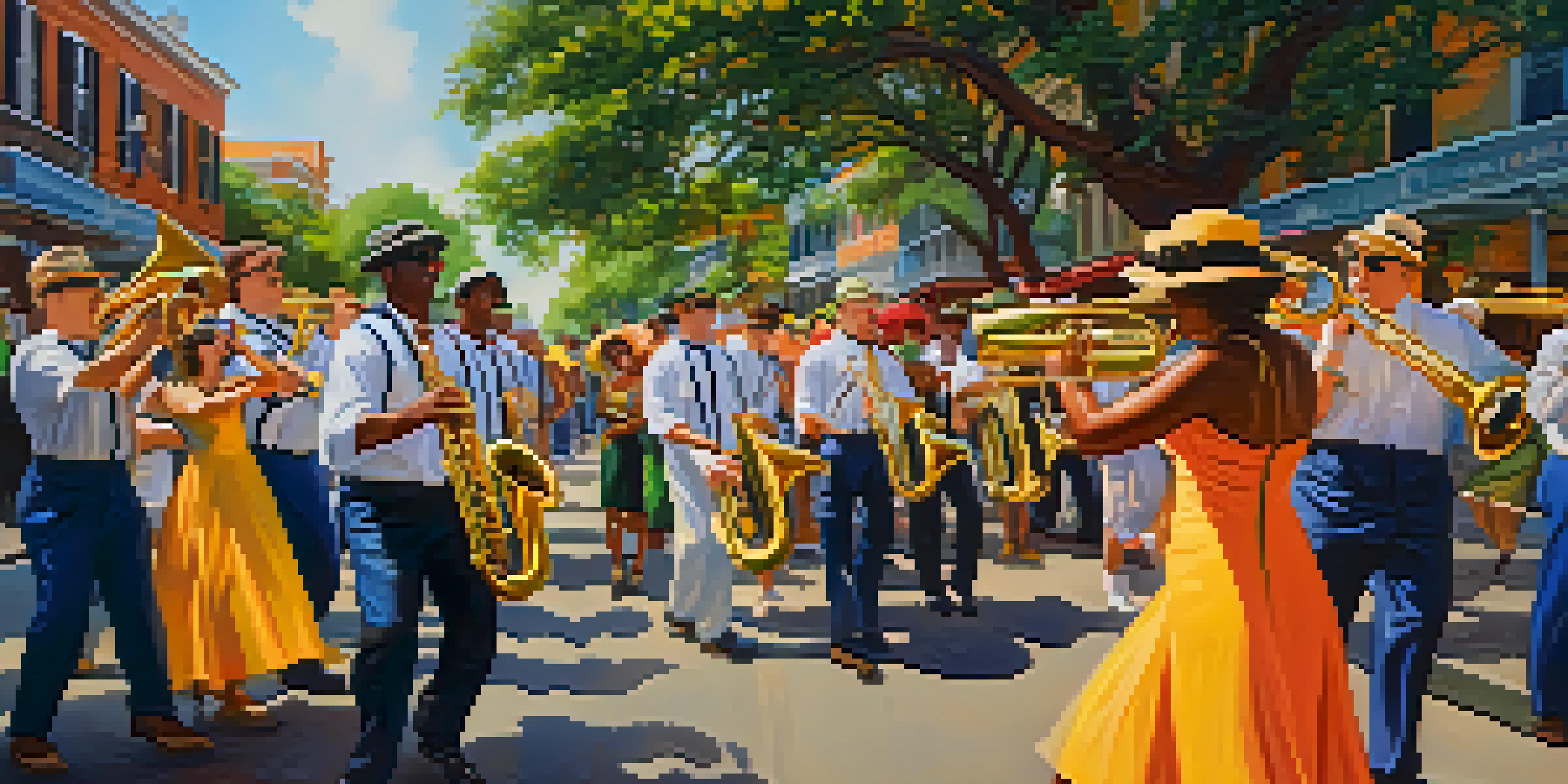 A vibrant street scene in New Orleans featuring musicians playing brass instruments and a diverse crowd dancing during a jazz festival, with a warm sunset glow.