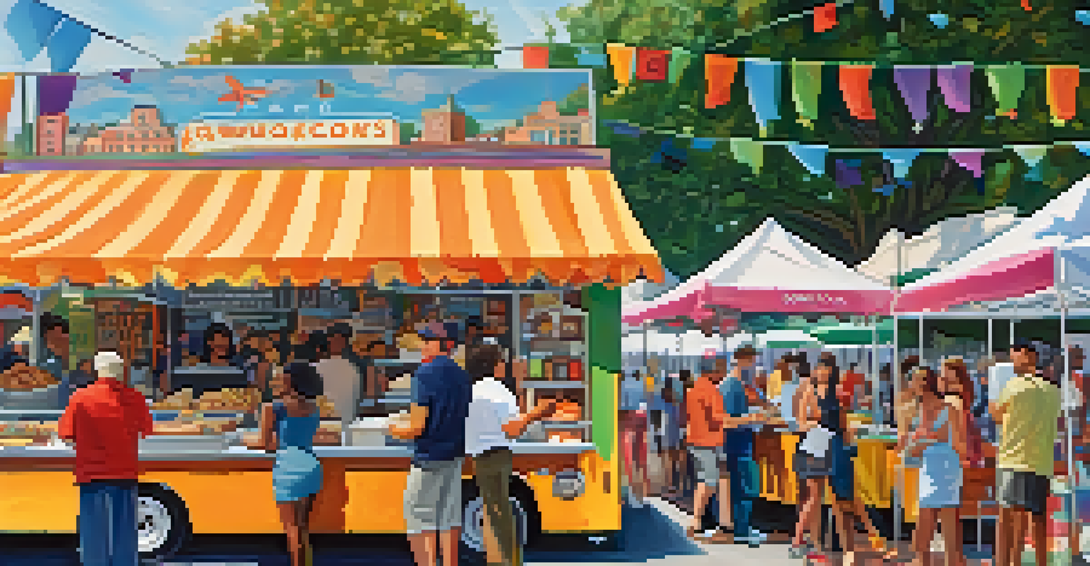 A colorful array of New Orleans food at the festival, with local dishes and happy attendees enjoying the culinary delights.