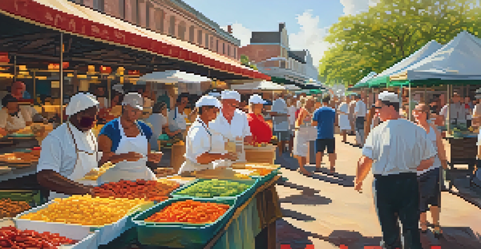 A lively French Market in New Orleans with local chefs preparing Creole dishes, colorful stalls filled with fresh ingredients, and visitors enjoying samples under warm sunlight.