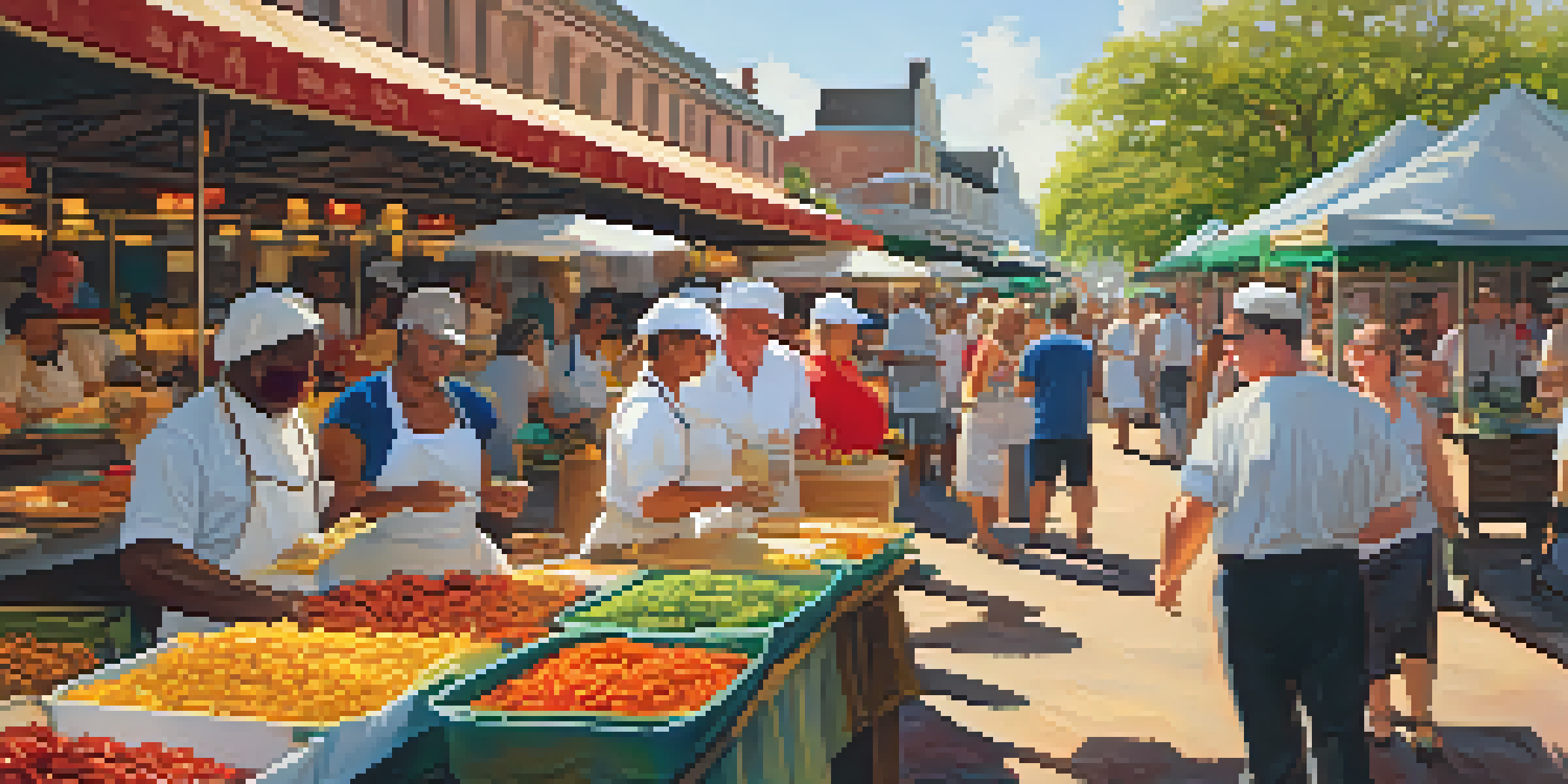 A lively French Market in New Orleans with local chefs preparing Creole dishes, colorful stalls filled with fresh ingredients, and visitors enjoying samples under warm sunlight.