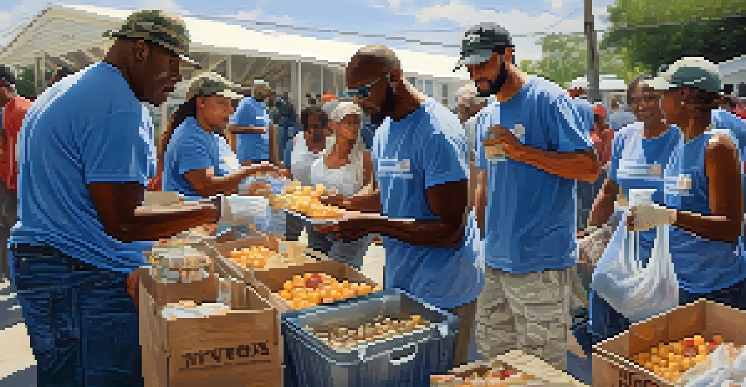 Volunteers from diverse backgrounds working together to distribute food and supplies at a shelter in New Orleans after Hurricane Katrina.
