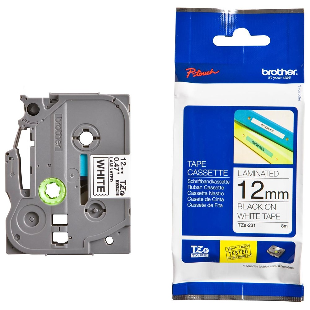 Brother P-Touch Tape Cassette 12mm Black on white tape Tze-231 8m