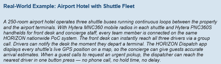 Hytera PoC Cellular Use Case - Airport Hotel with Shuttle Fleet