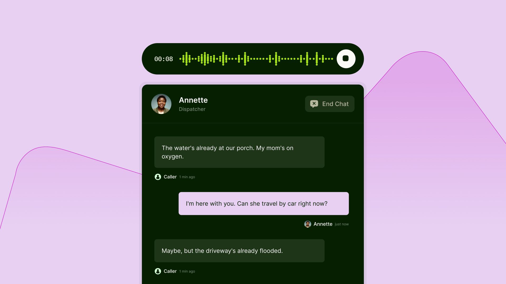 Emergency Call center messages with dispatcher.