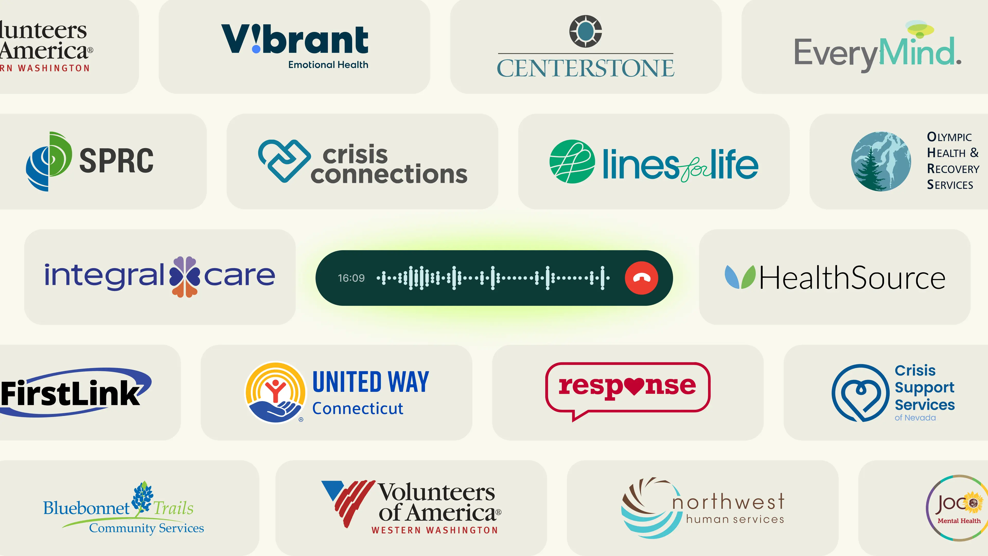 Multiple crisis center and 988 logos