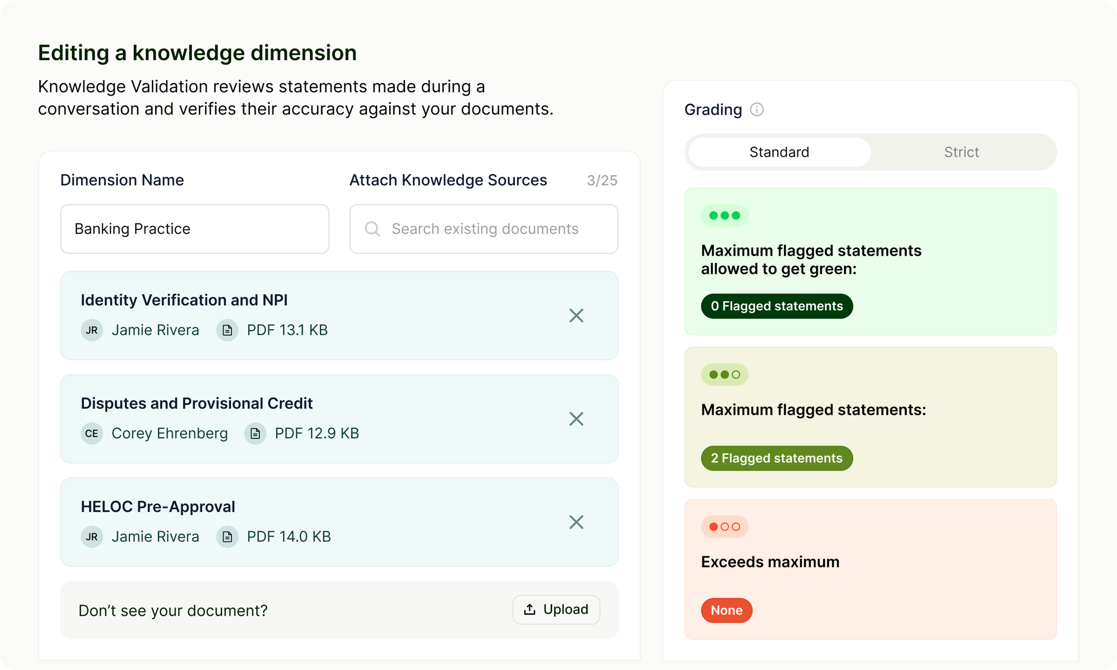 Image showing how Knowledge Validation reviews statements made during a conversation and verifies their accuracy against your documents.