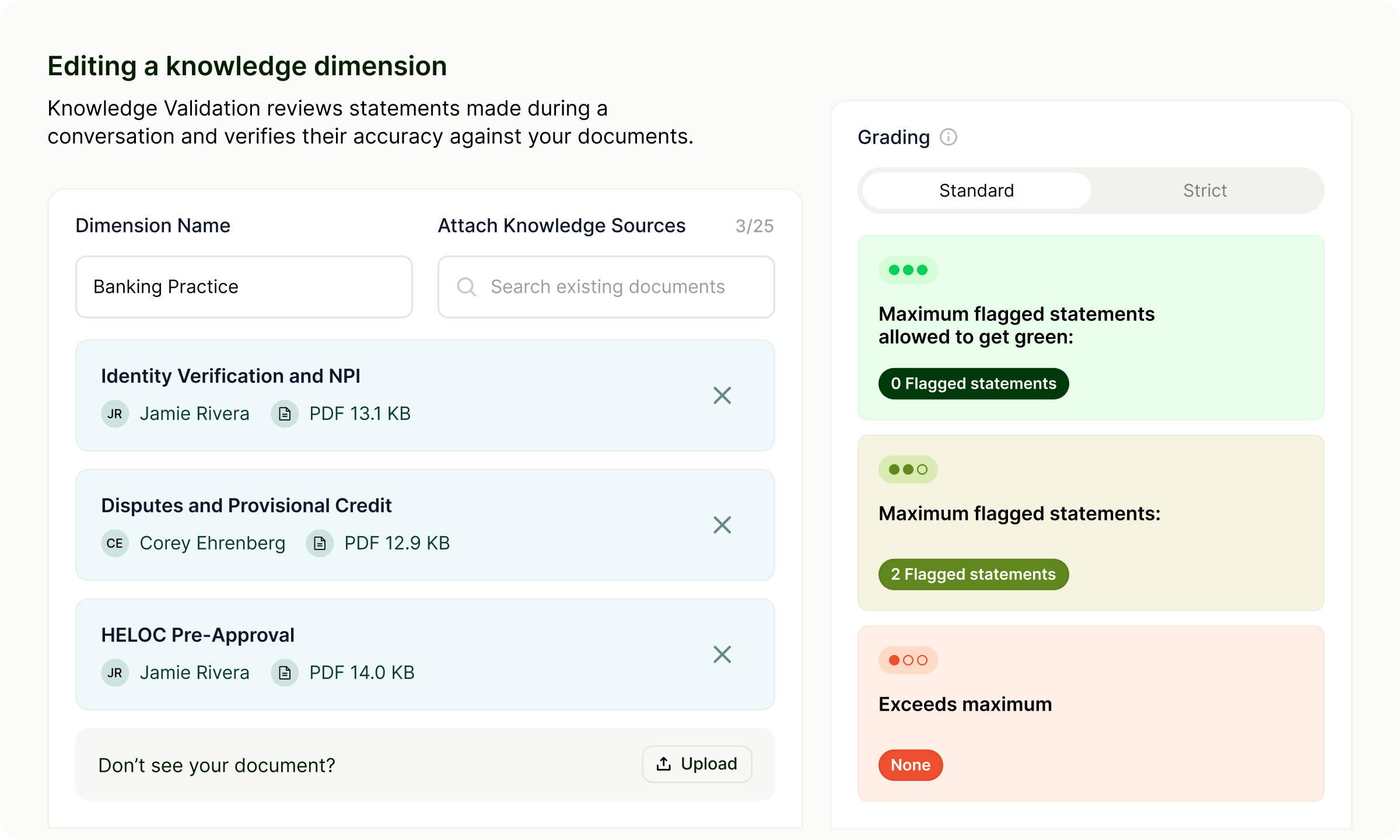 Image showing how Knowledge Validation reviews statements made during a conversation and verifies their accuracy against your documents.