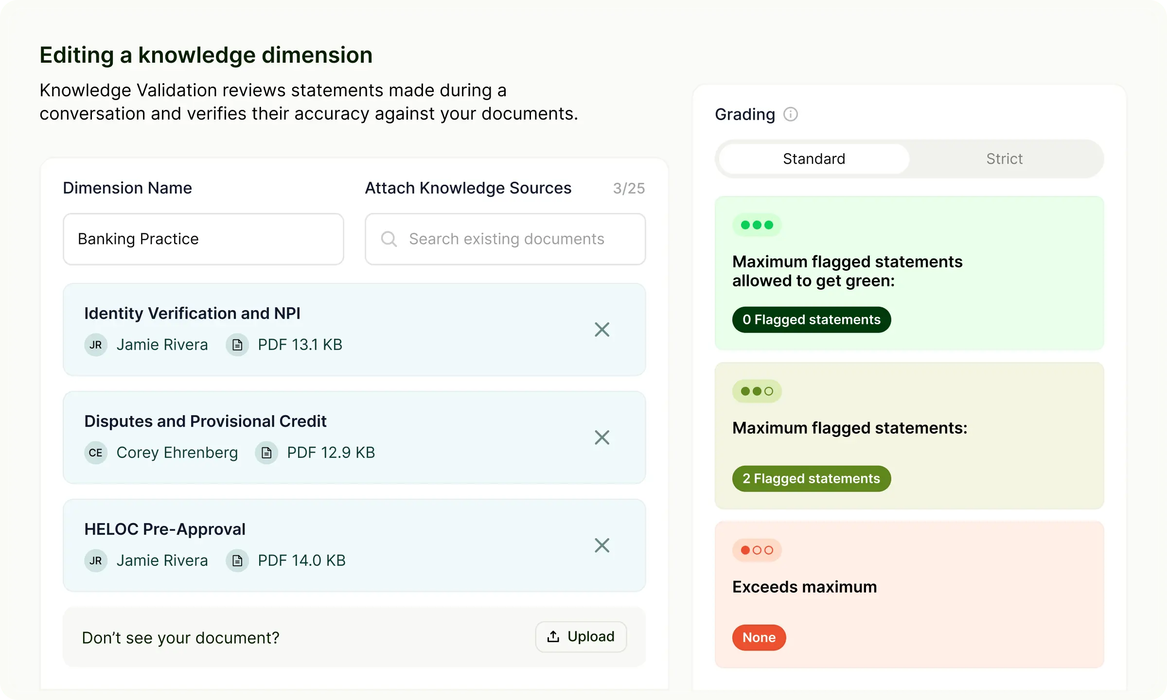 Image showing how Knowledge Validation reviews statements made during a conversation and verifies their accuracy against your documents.