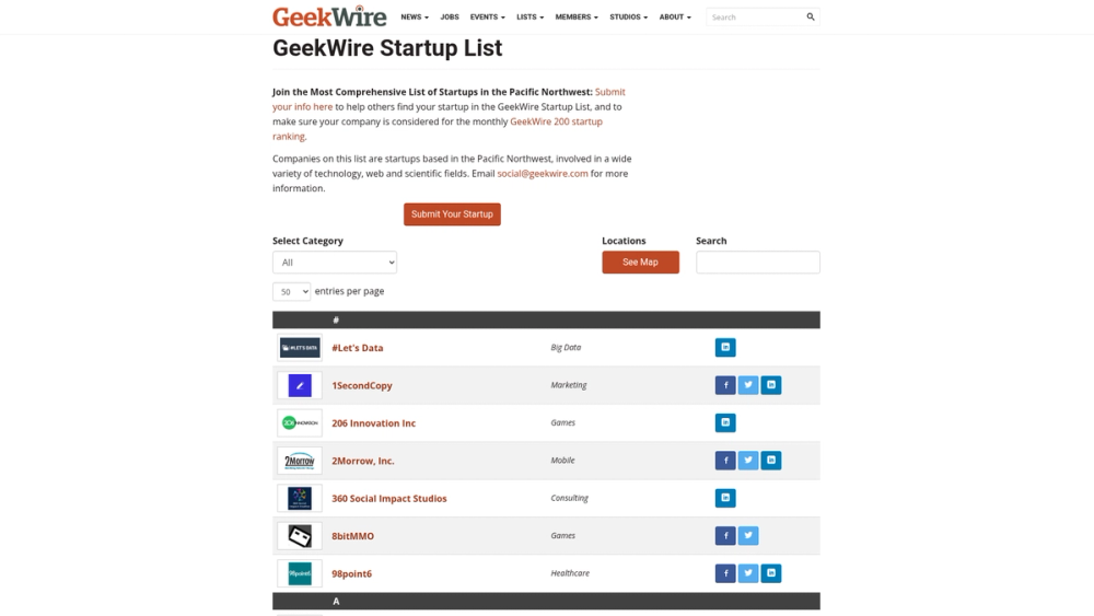 image of GeekWire Startup List