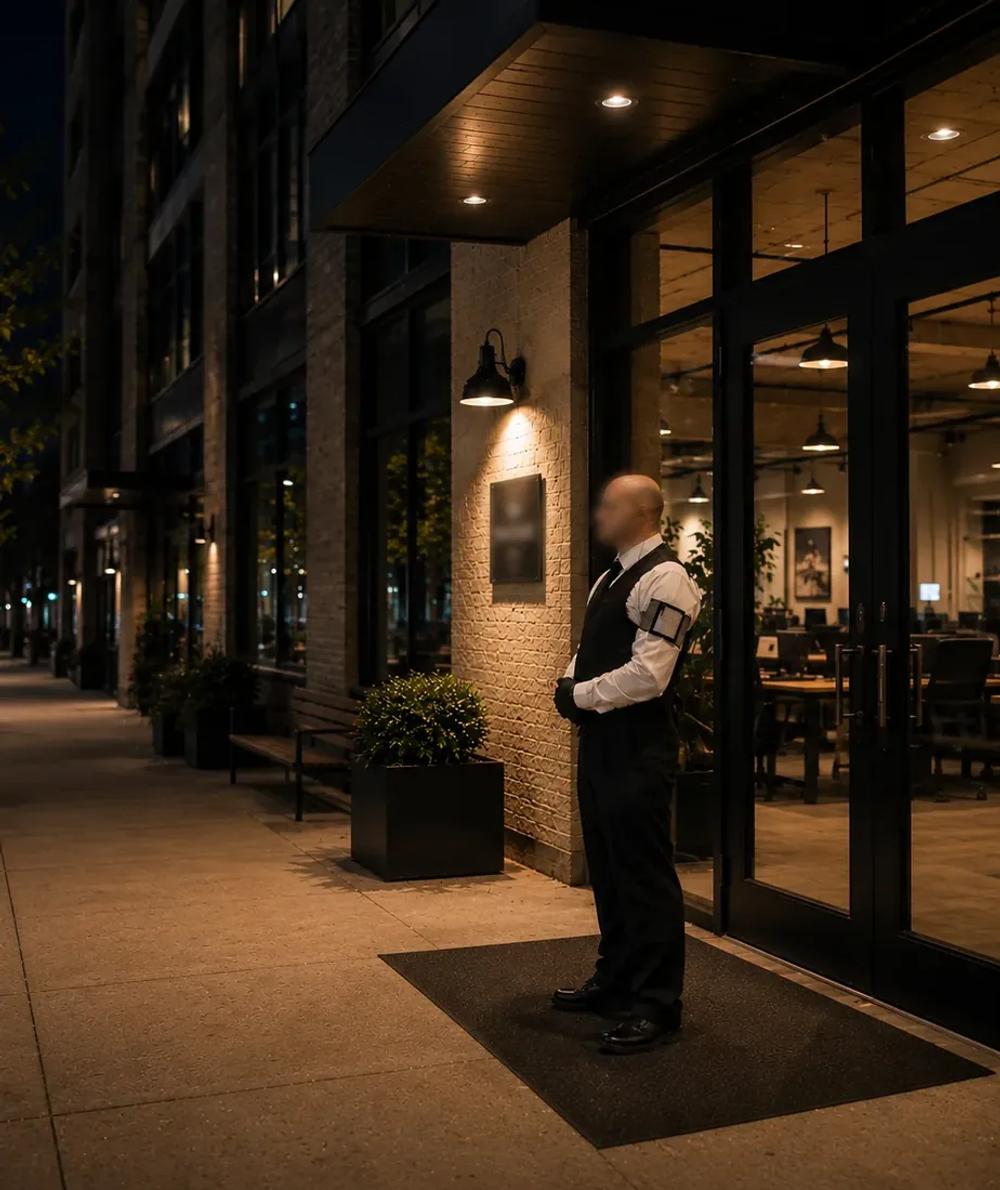 Security officer at a corporate building entrance at night
