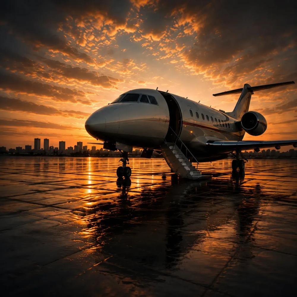 Private jet on the tarmac at dusk