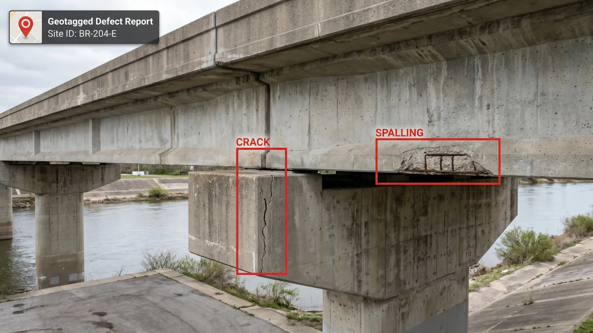 Drone edge inspection identifying bridge spalling and cracks with geotagged structural report