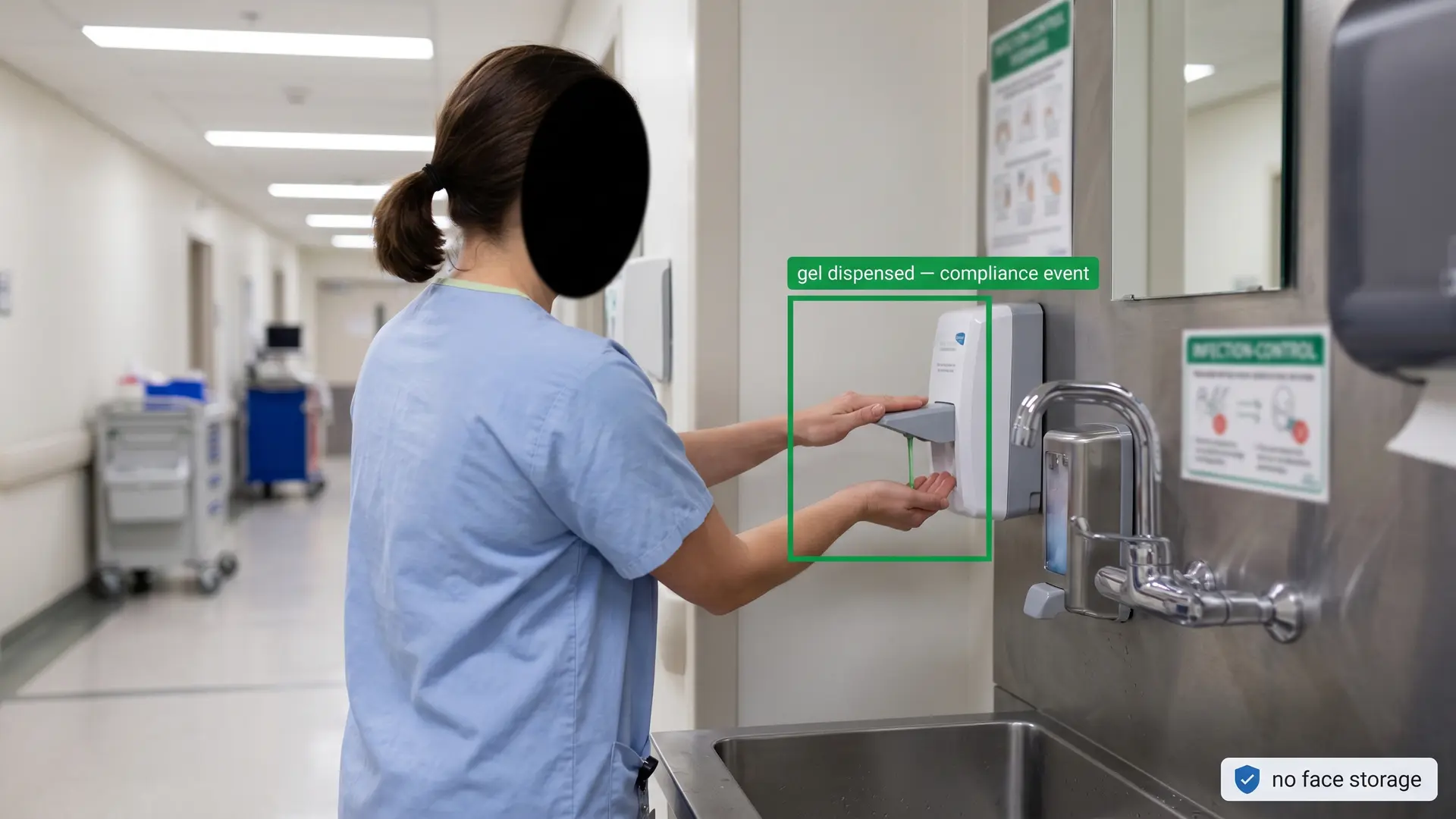 Hand hygiene compliance zone showing edge detection of dispenser usage without staff identification