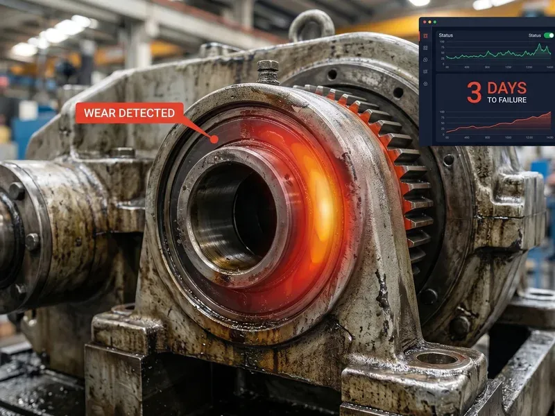 Predictive maintenance heatmap overlay on industrial machinery showing wear pattern detection