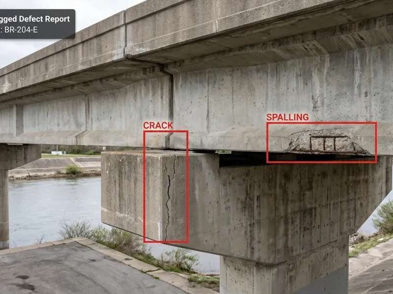 Drone edge inspection identifying bridge spalling and cracks with geotagged structural report