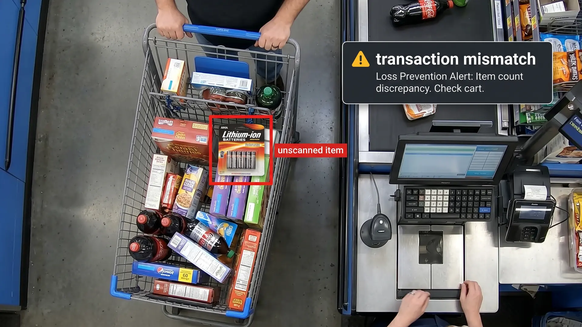 Retail checkout with edge vision correlating unscanned cart items with POS exception alerts
