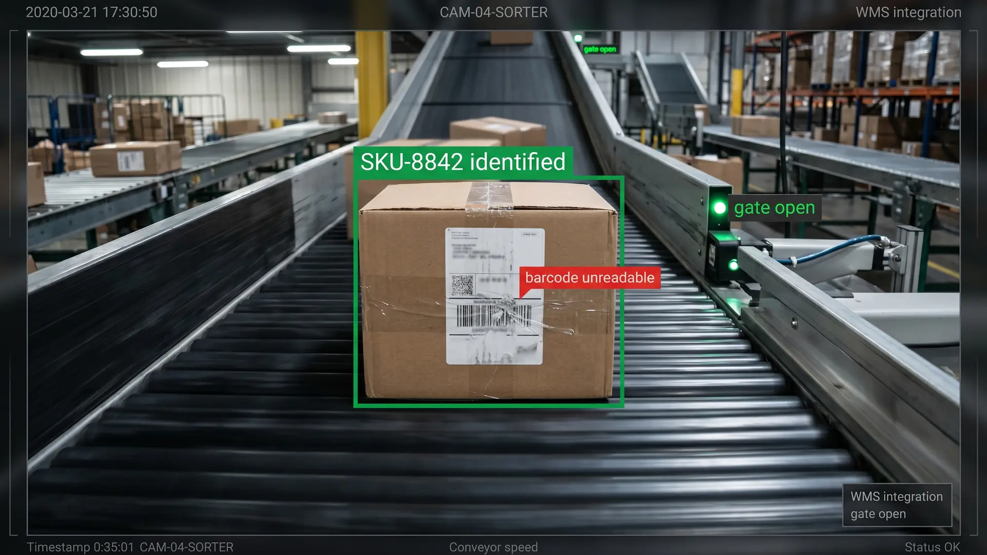 Warehouse conveyor sort gate with edge AI identifying parcels when barcodes are damaged or obscured
