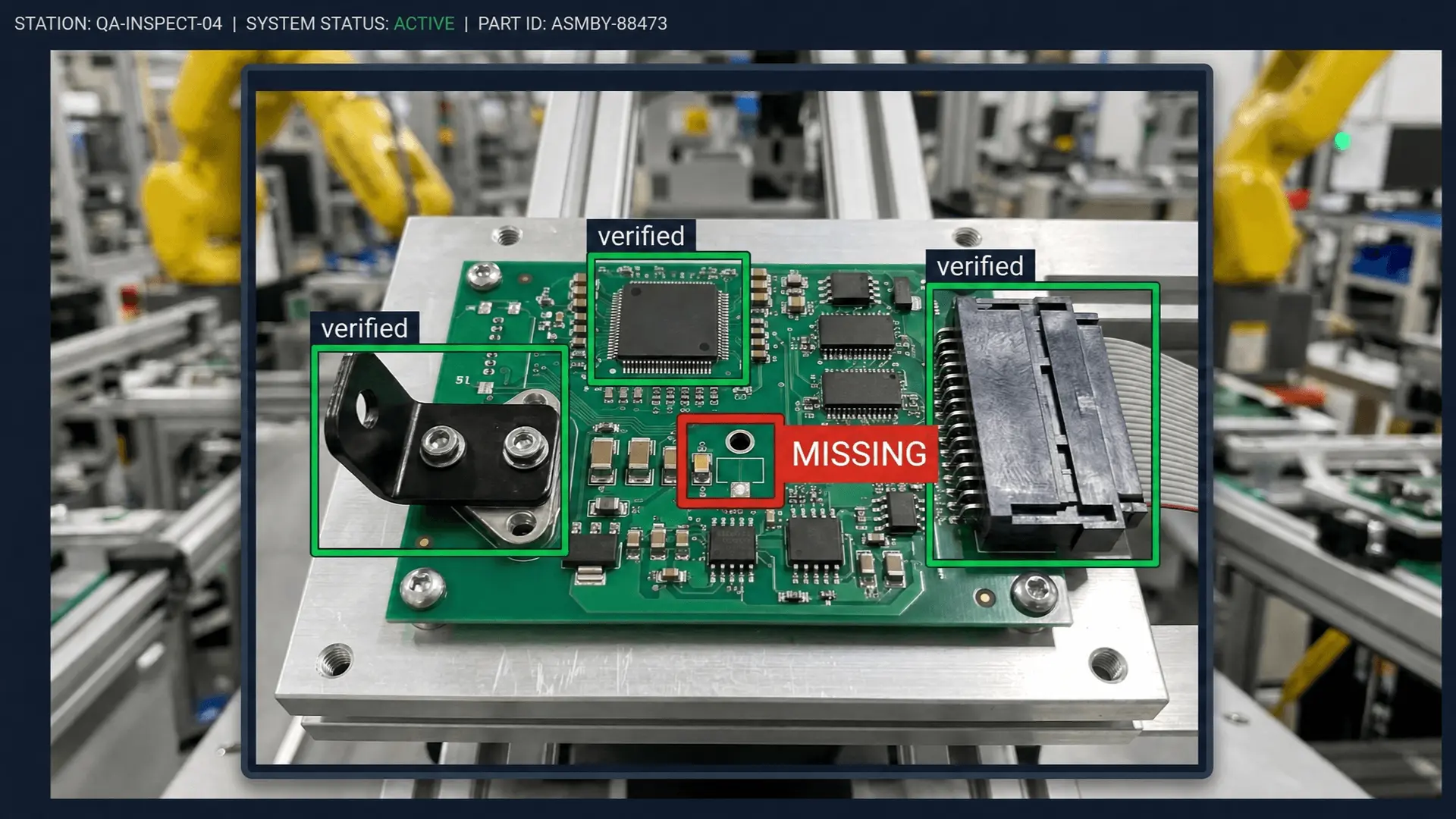 Assembly verification diagram showing missing component detection with edge AI validation at each station