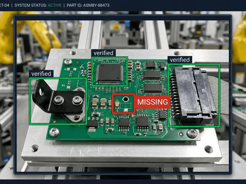Assembly verification diagram showing missing component detection with edge AI validation at each station