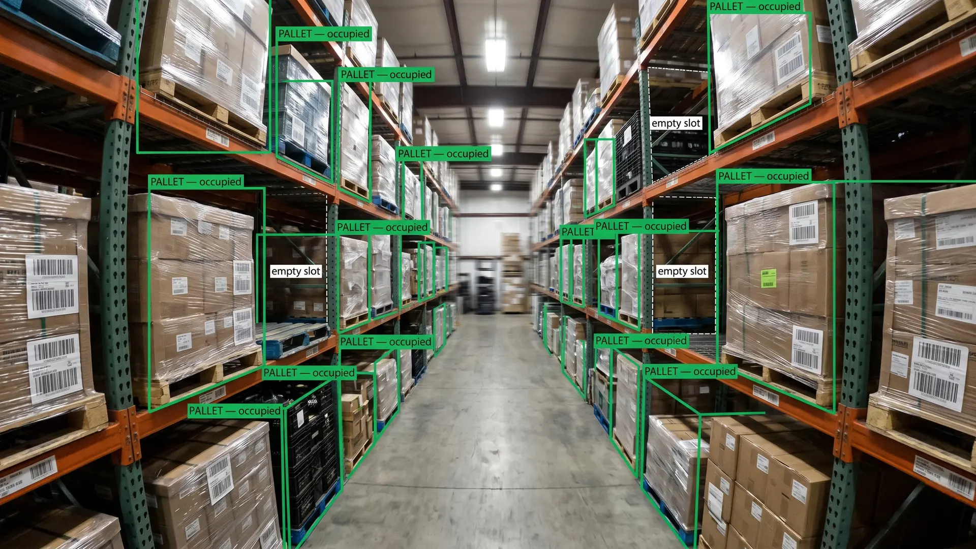 Forklift-mounted edge vision detecting pallet occupancy and slot status during warehouse movement