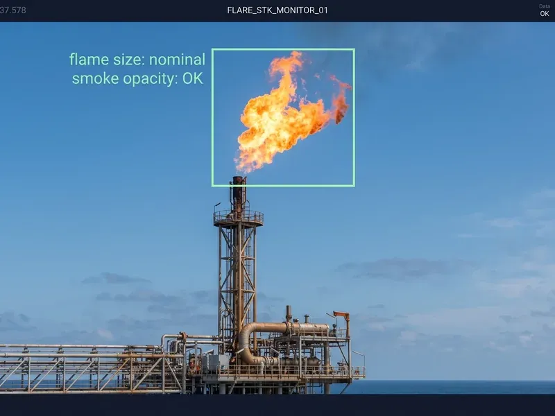 Flare stack edge camera analyzing flame size and smoke opacity for combustion compliance