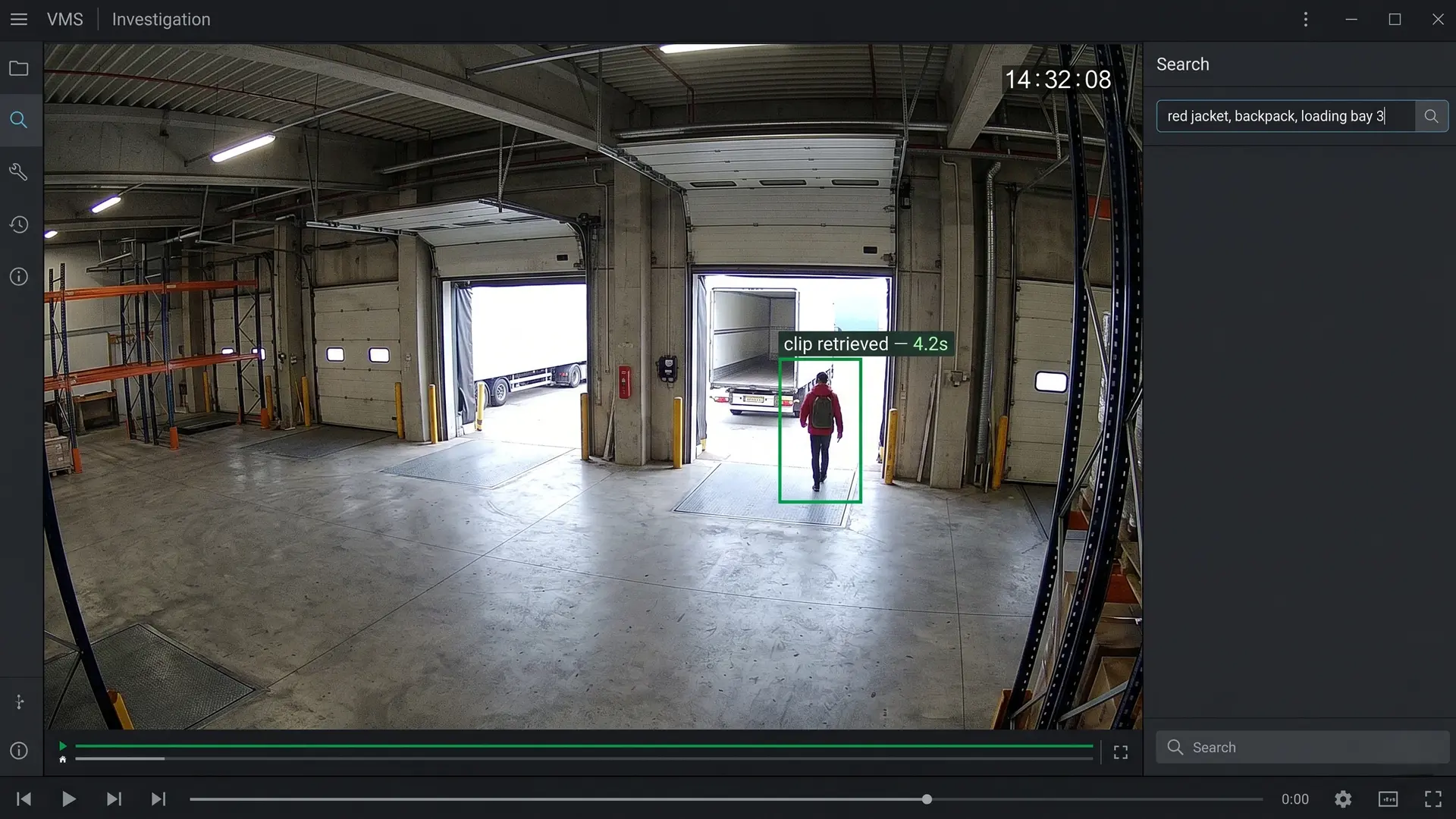Forensic video search interface retrieving clips by object description from edge-indexed metadata