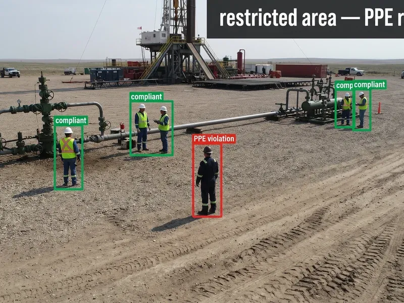 HSE PPE compliance zone monitoring with edge detection of hardhat and vest violations