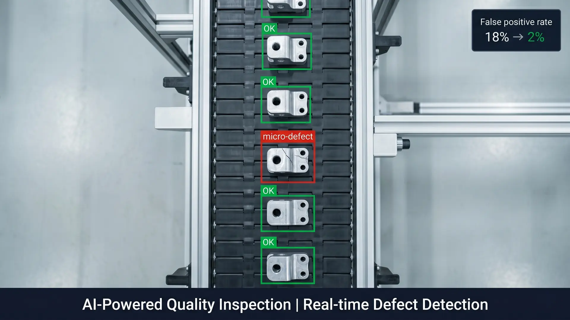 Automated optical inspection detecting micro-defects on a high-speed conveyor belt with edge AI bounding boxes