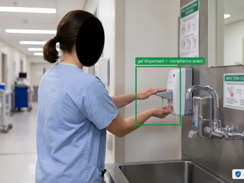 Hand hygiene compliance zone showing edge detection of dispenser usage without staff identification