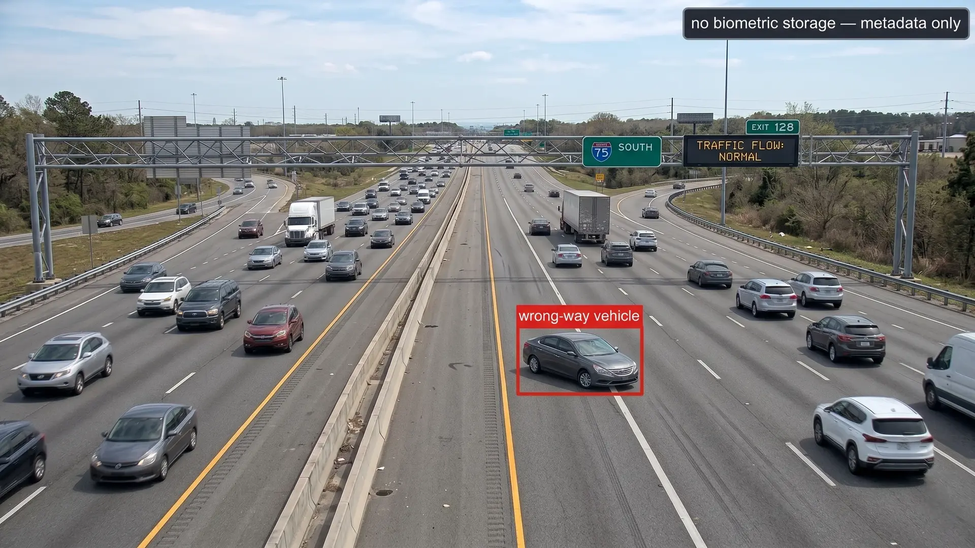 Highway edge camera detecting wrong-way vehicle with anonymized incident alert and no biometric storage