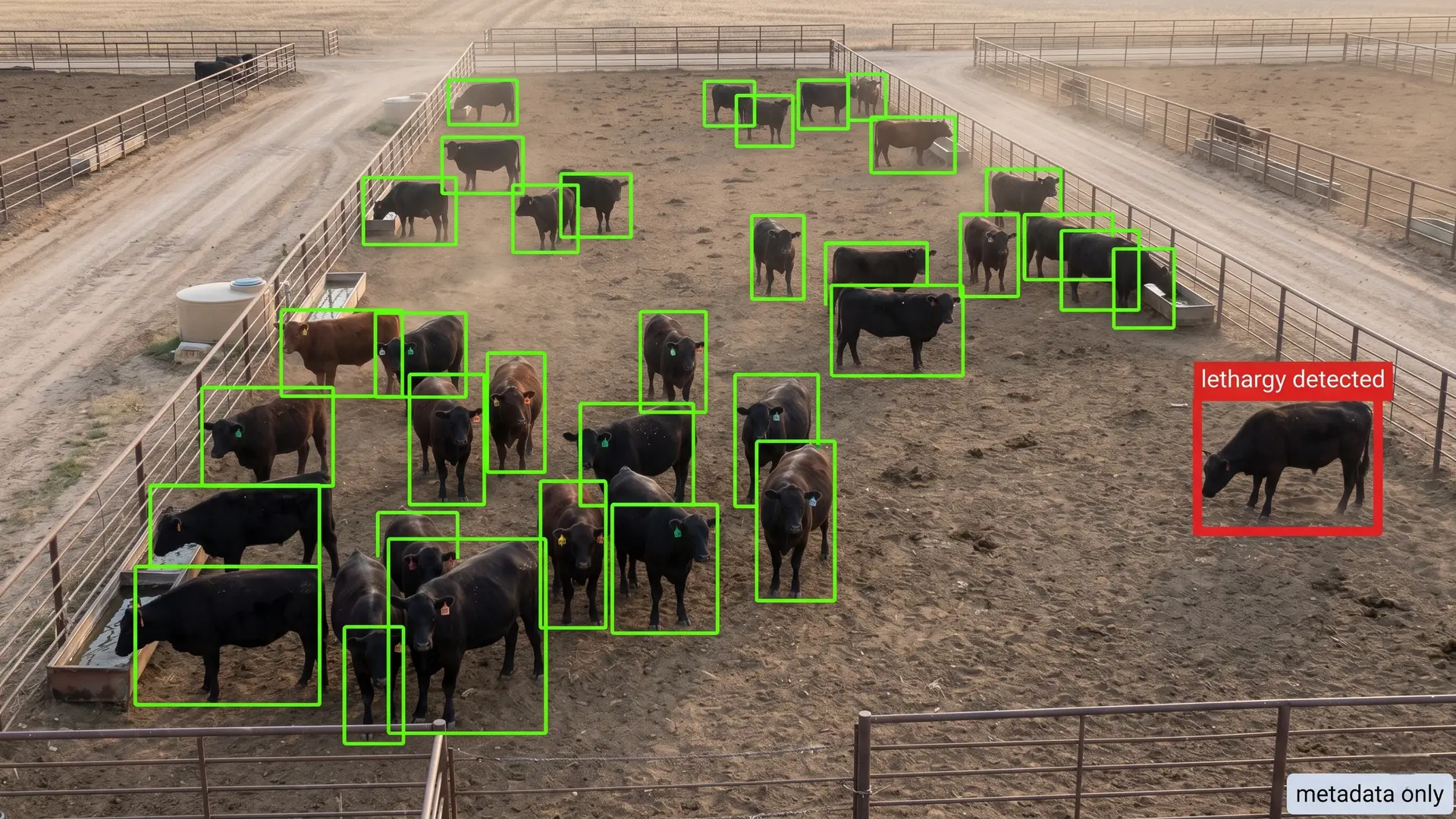 Livestock pen edge camera detecting behavioral anomalies with metadata-only alerts