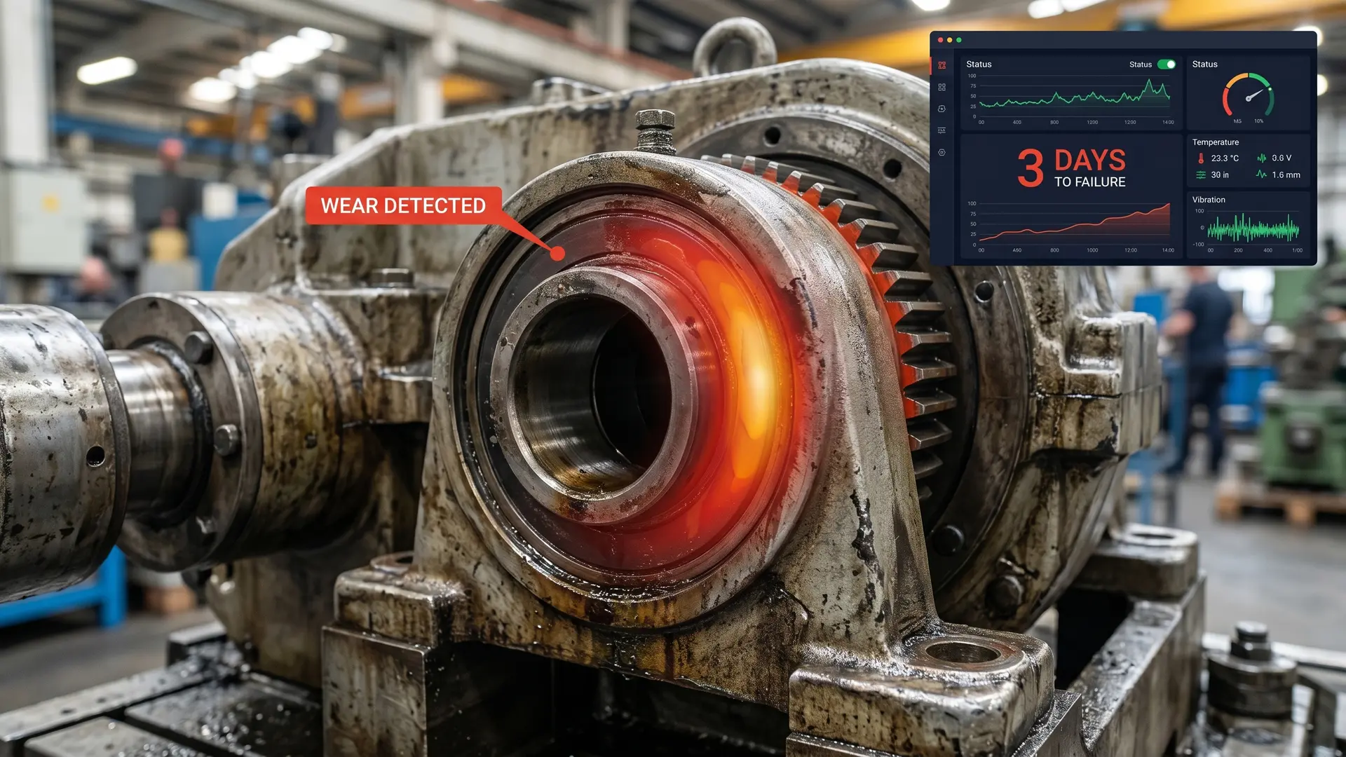 Predictive maintenance heatmap overlay on industrial machinery showing wear pattern detection