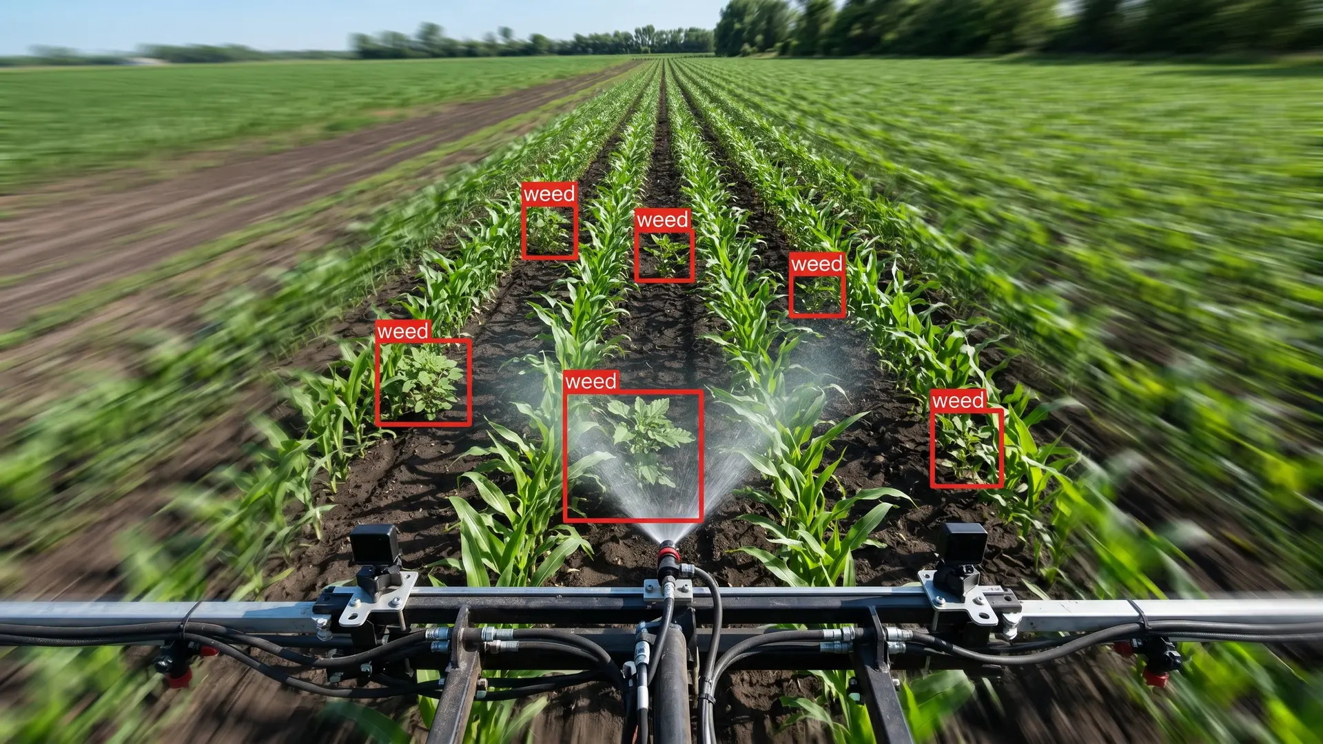 Tractor boom edge vision identifying weeds for selective spray at full travel speed